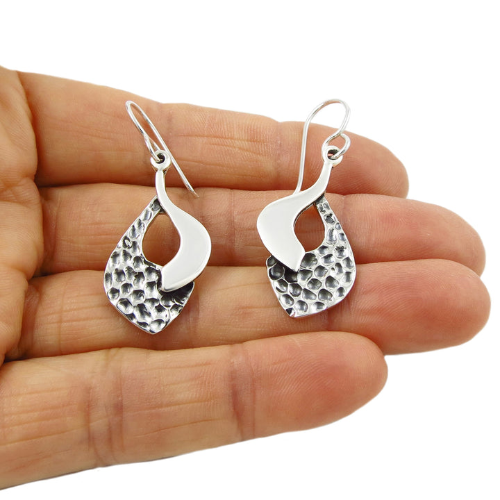 Long Geometric Pitted and Polished 925 Silver Earrings