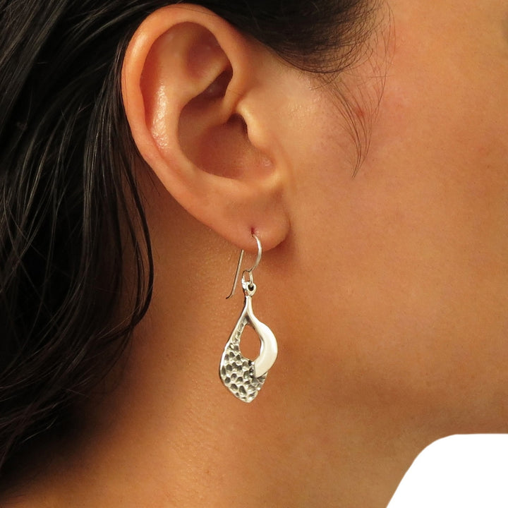 Long Geometric Pitted and Polished 925 Silver Earrings