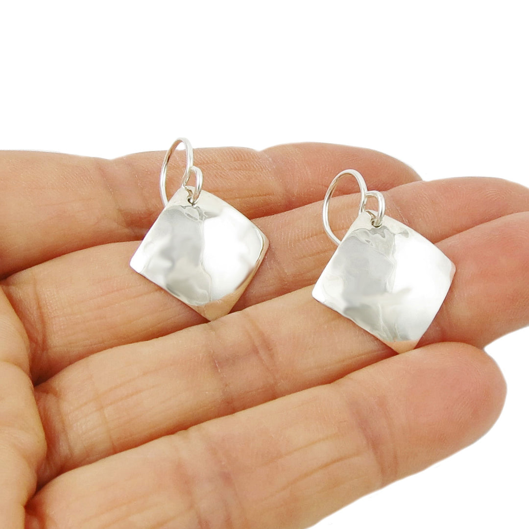 Hand Hammered Square Drop 925 Sterling Silver Earrings