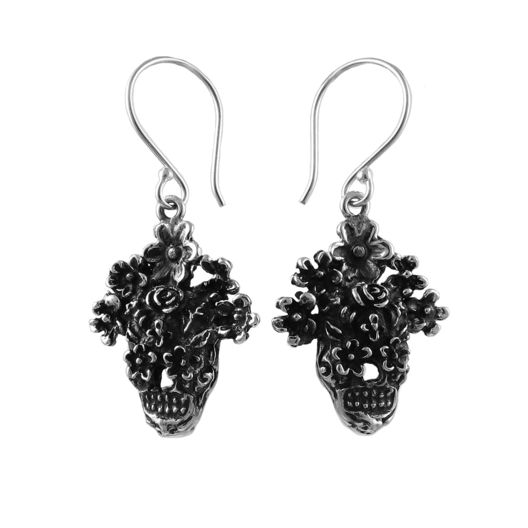 Day of the Dead 925 Sterling Silver La Catrina Skull with Flowers Earrings
