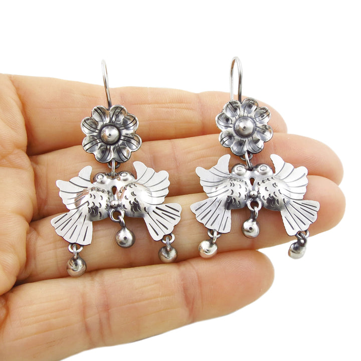 Lovebirds 925 Sterling Taxco Silver Bird and Flower Earrings