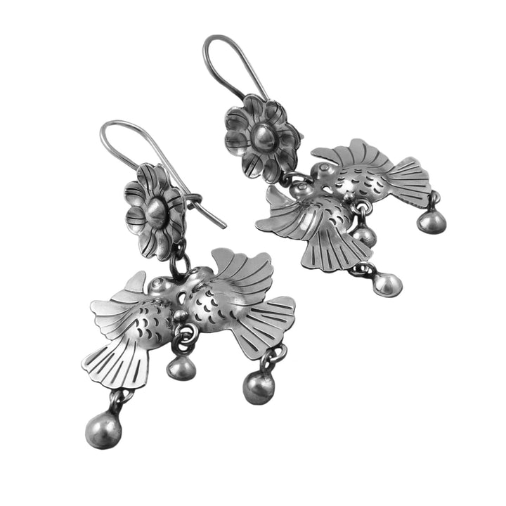 Lovebirds 925 Sterling Taxco Silver Bird and Flower Earrings