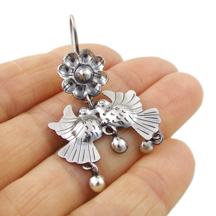 Lovebirds 925 Sterling Taxco Silver Bird and Flower Earrings