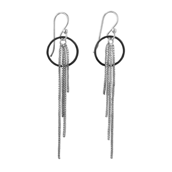 Pair of sterling silver earrings with circular top and hanging box link chains on a white background