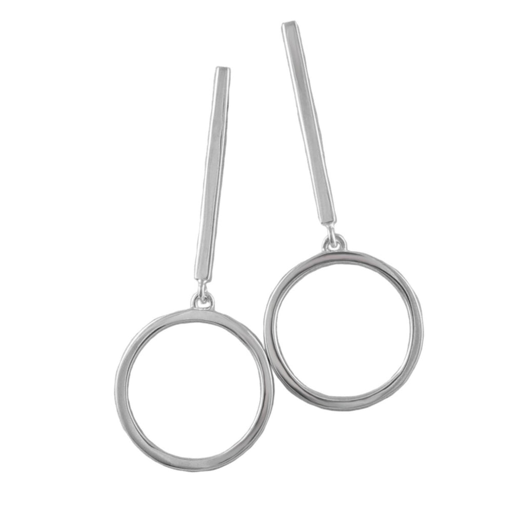 Pair of 925 sterling silver hoop and stick drop earrings on a white background