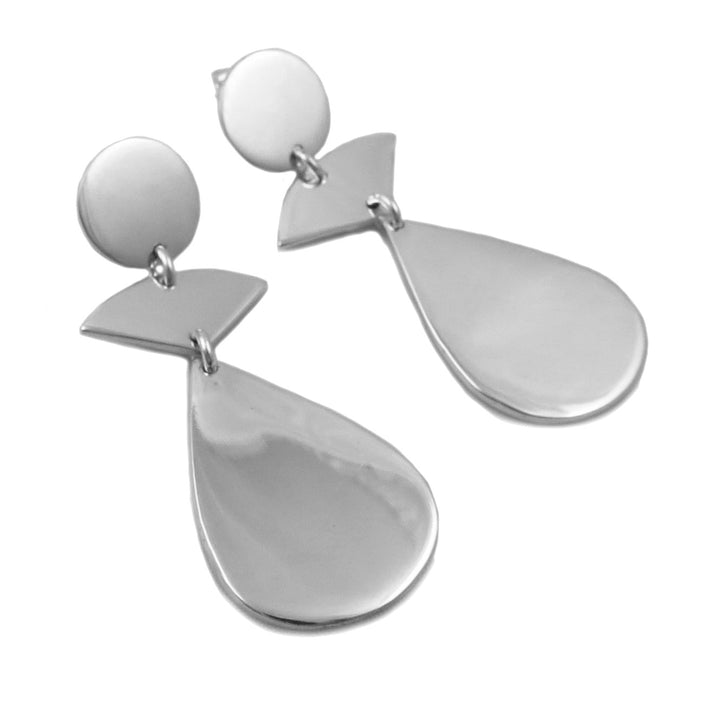 Silver earrings with geometric shapes on a white background