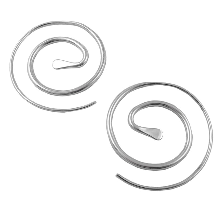 A pair of handmade ssolid 925 spiral earrings wirh a polished finish on a white background