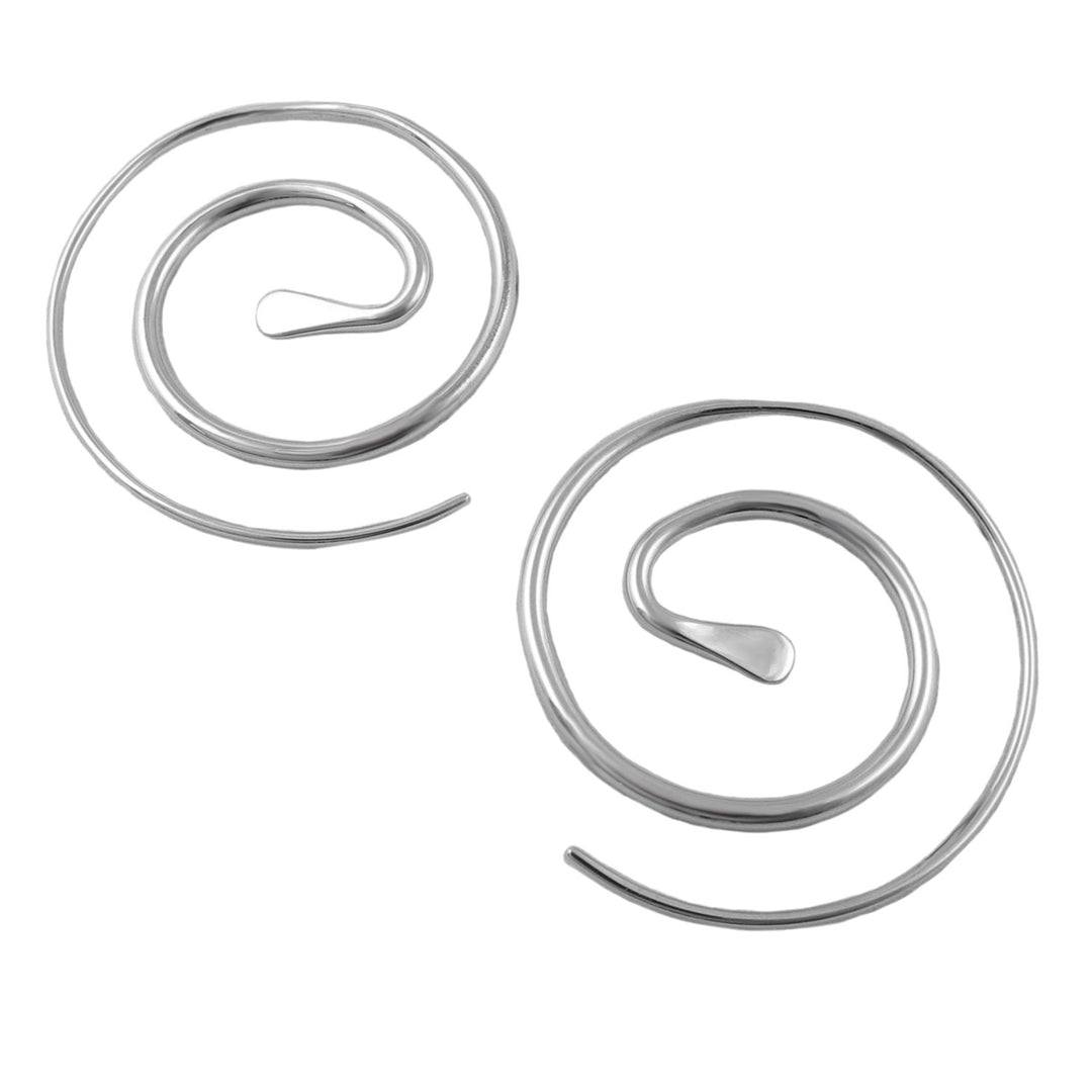 A pair pf large 925 sterling ilver polished spiral earrings for women on a white background. 