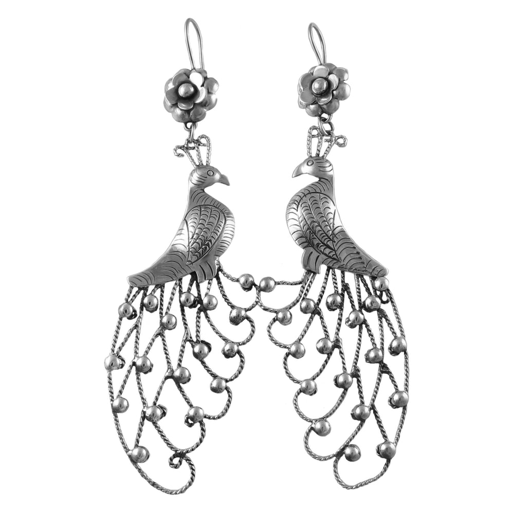 Large taxco 925 silver unique handmade peacock earrings in a chandelier style on a white background. 