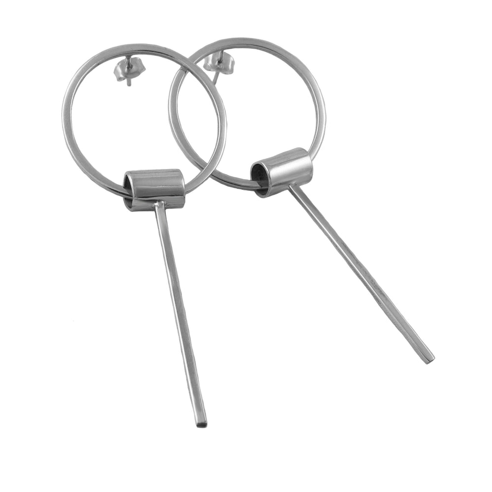 A pair of large Taxco 925 sterling silver hoop and stick drop earrings for women, shown on a plain white background.
