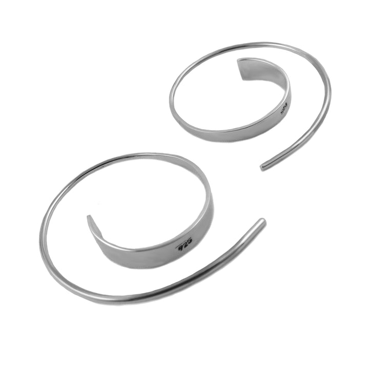 Pair of unusual 925 silver spiral hoop pull through earrings on a white background