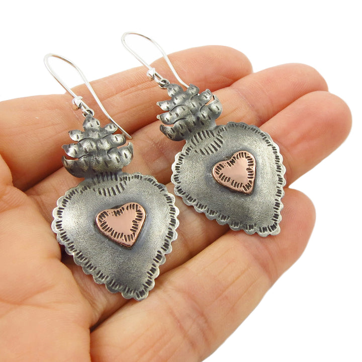 Maria Belen Taxco Handmade Sterling Silver and Copper Heart Earrings