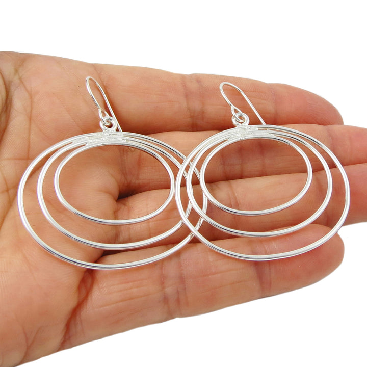 Wide Triple Hoop 925 Sterling Silver Dangle Earrings