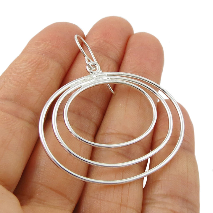 Wide Triple Hoop 925 Sterling Silver Dangle Earrings