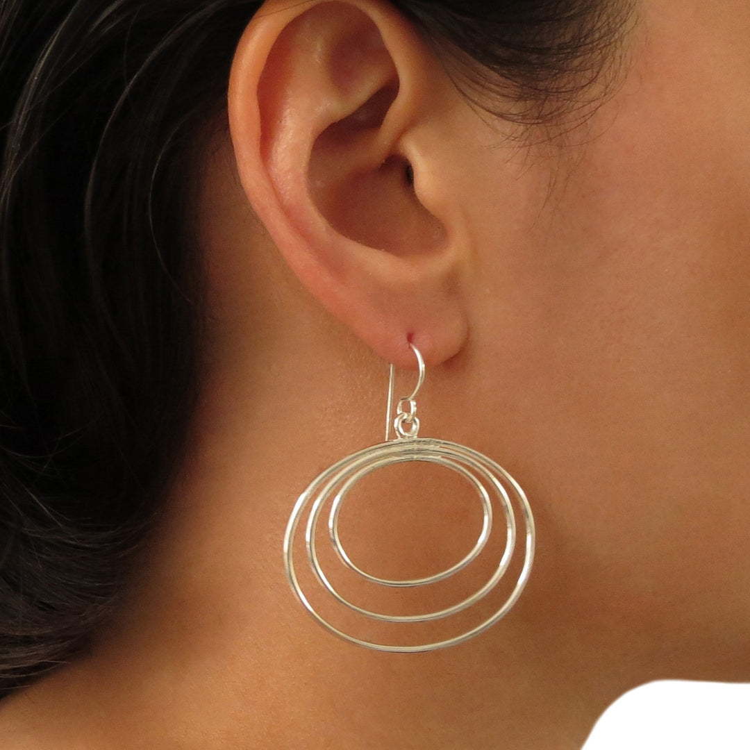 Wide Triple Hoop 925 Sterling Silver Dangle Earrings