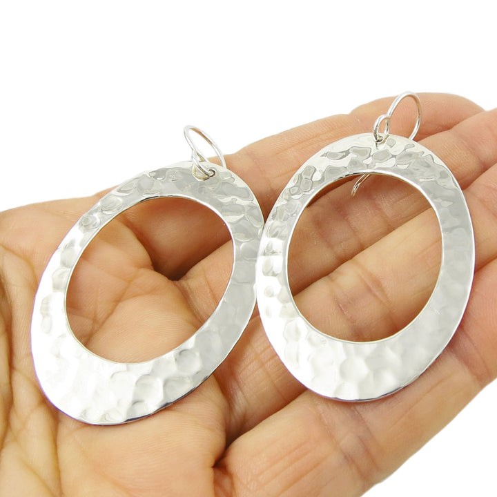 Sterling Silver Hammered Oval Hoop Earrings