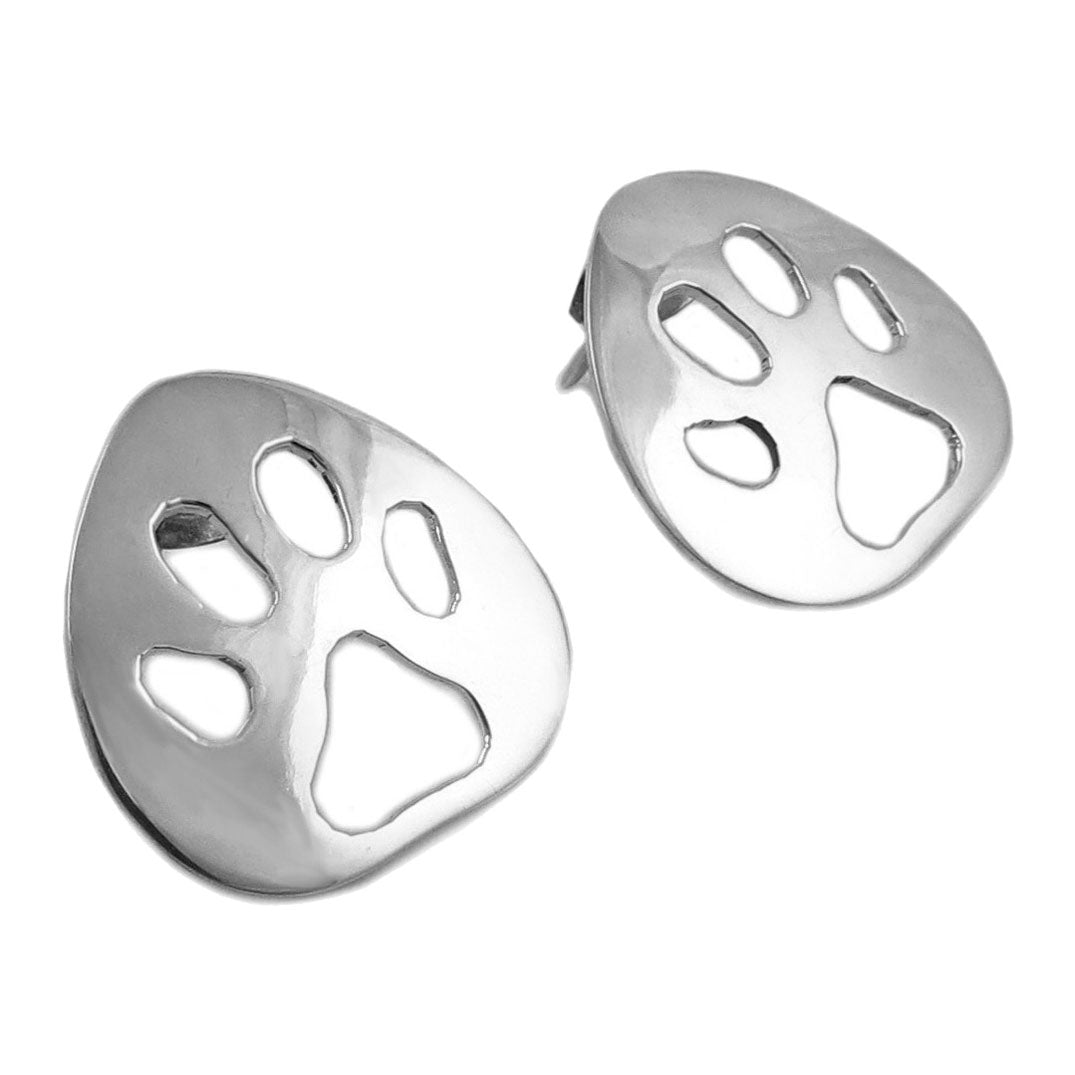 Large wild bear animal paw print sterling 925 silver earrings on a white background. 
