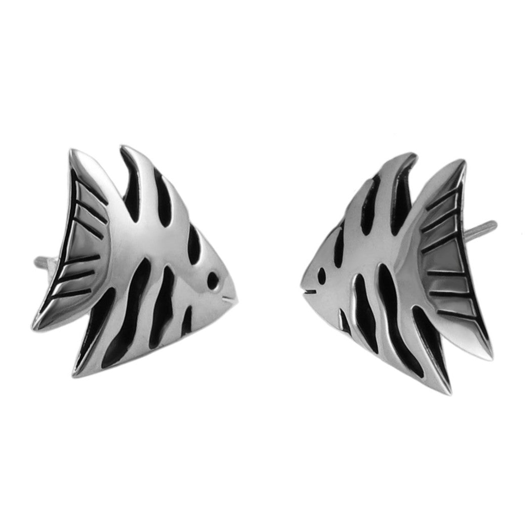 A pair of Taxco 925 silver angelfish stud earrings with black antiqued detailing, shown on a plain white background.