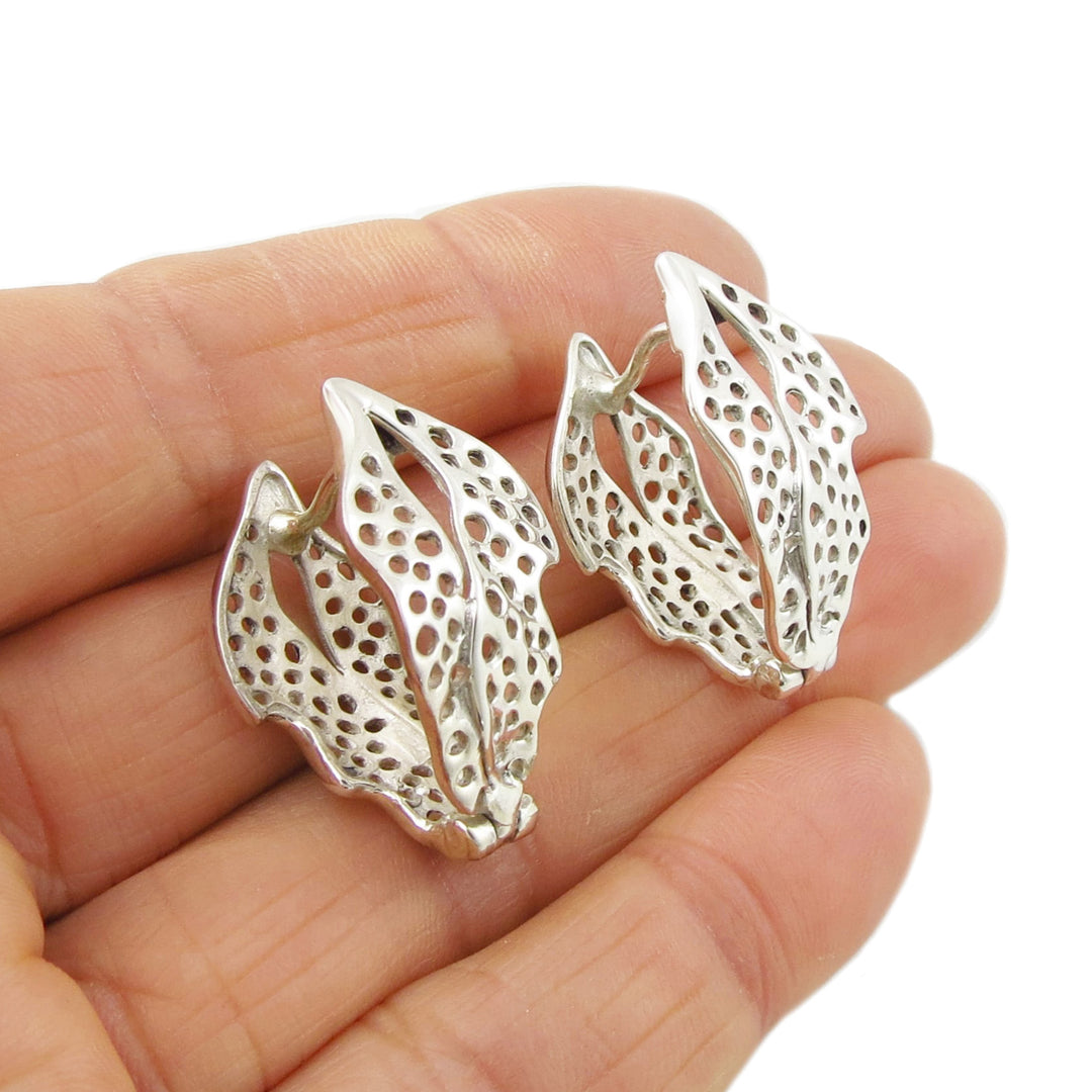 Tree Leaf Huggie Earrings in Sterling Silver