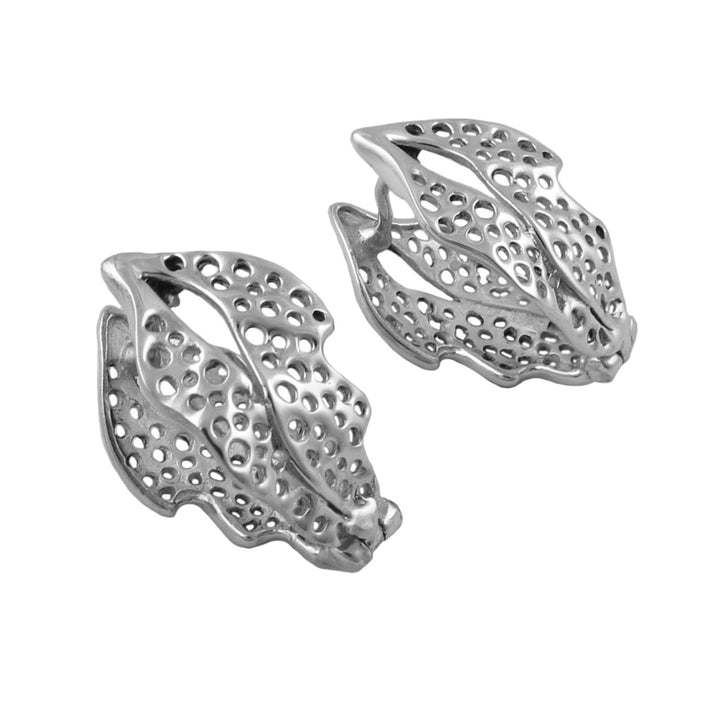 Tree Leaf Huggie Earrings in Sterling Silver