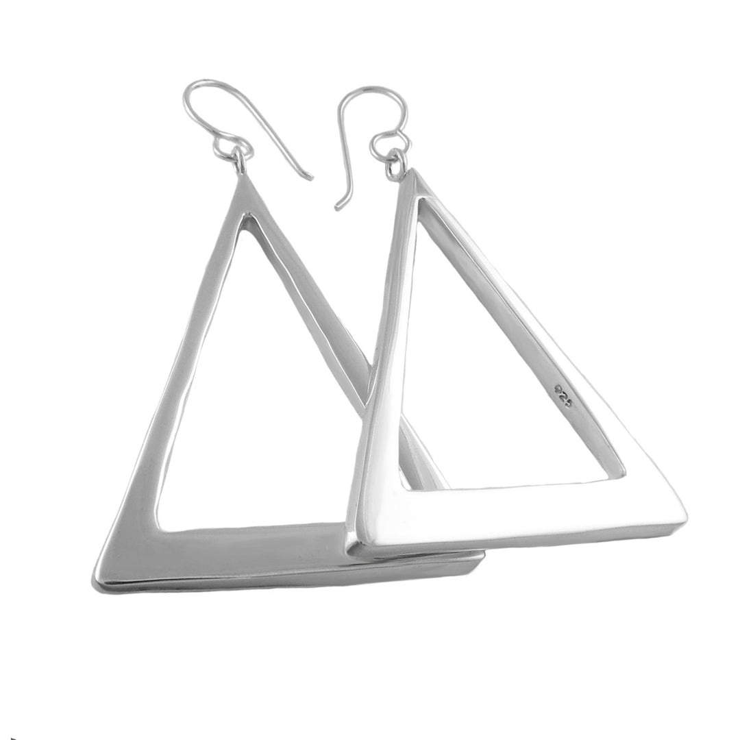 A pair of large sterling 925 silver triangle ladies hoop earrings dangling on long ear hgooks on a white background
