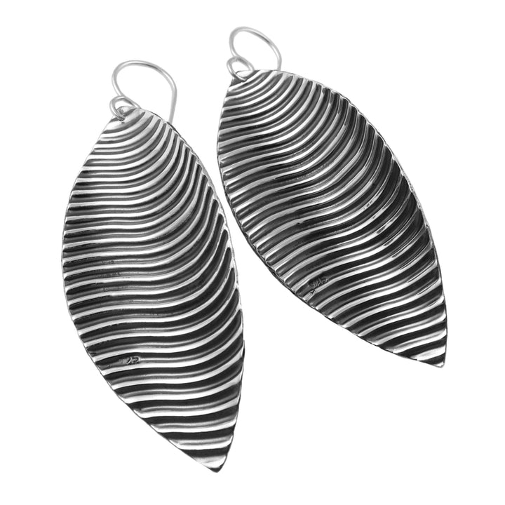 Large black and white striped geometric lined UK 925 sterling silver earrings on a white background