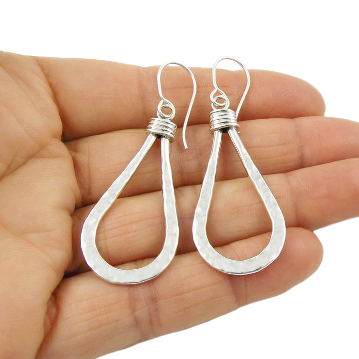 Hammered Sterling Silver Teardrop Hoop Earrings