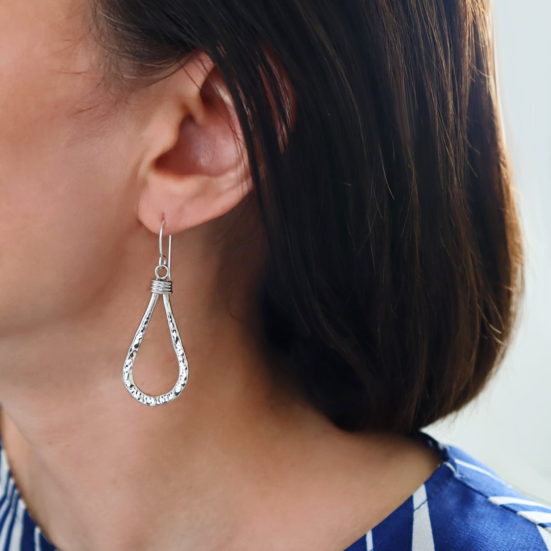 Hammered Sterling Silver Teardrop Hoop Earrings