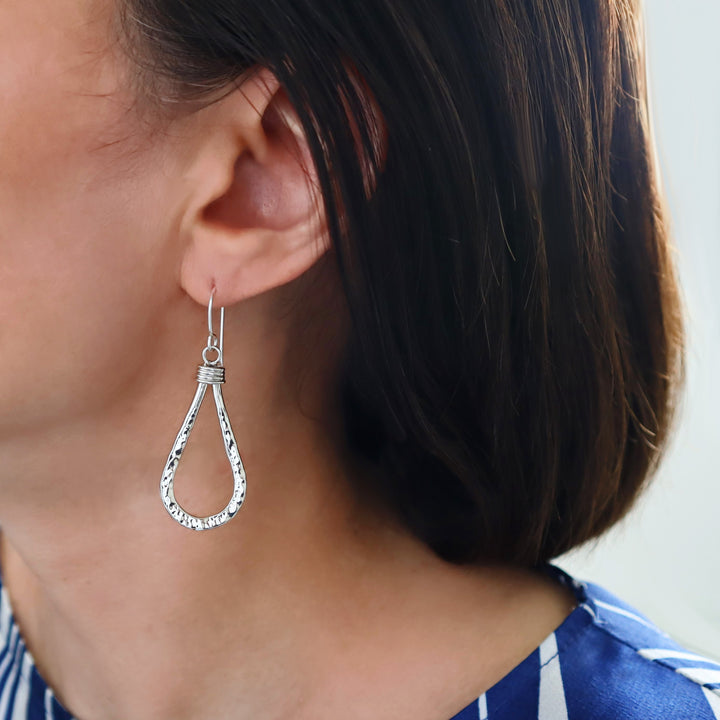 Hammered Sterling Silver Teardrop Hoop Earrings