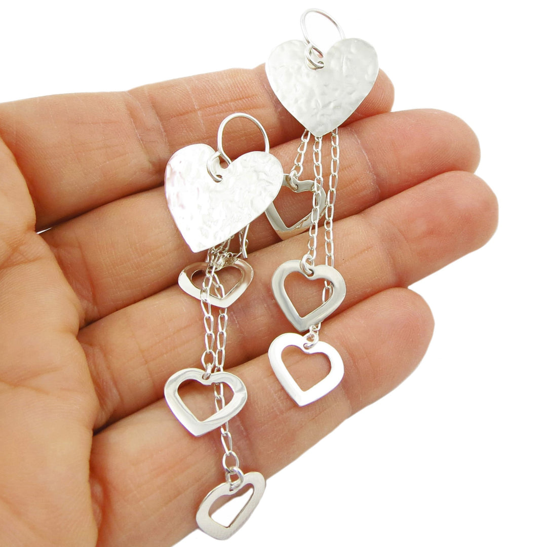 Long Love Heart Hammered Sterling Silver Dangle Earrings