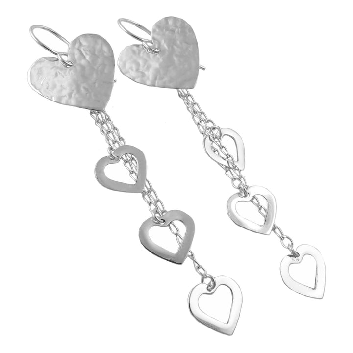 Long Love Heart Hammered Sterling Silver Dangle Earrings