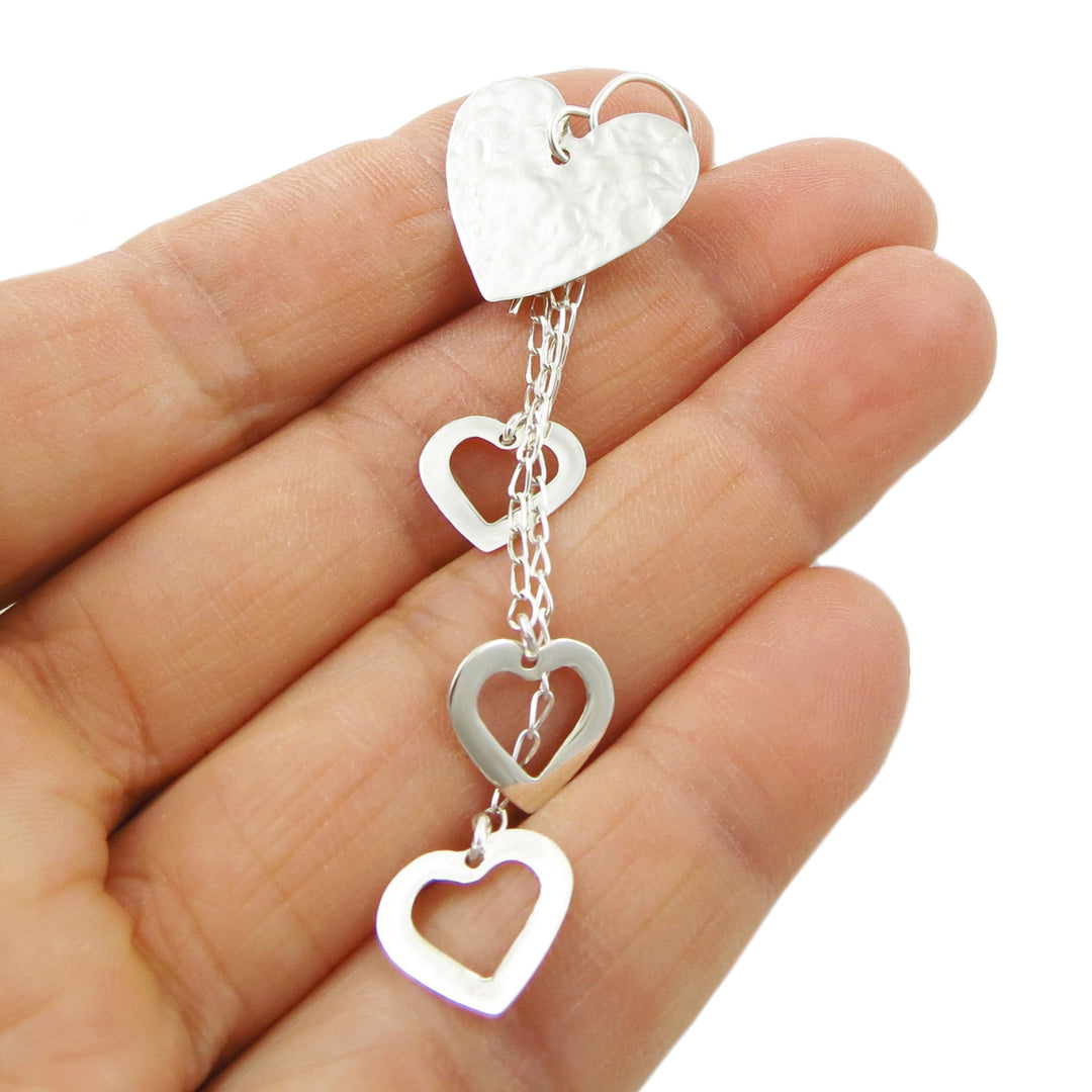 Long Love Heart Hammered Sterling Silver Dangle Earrings