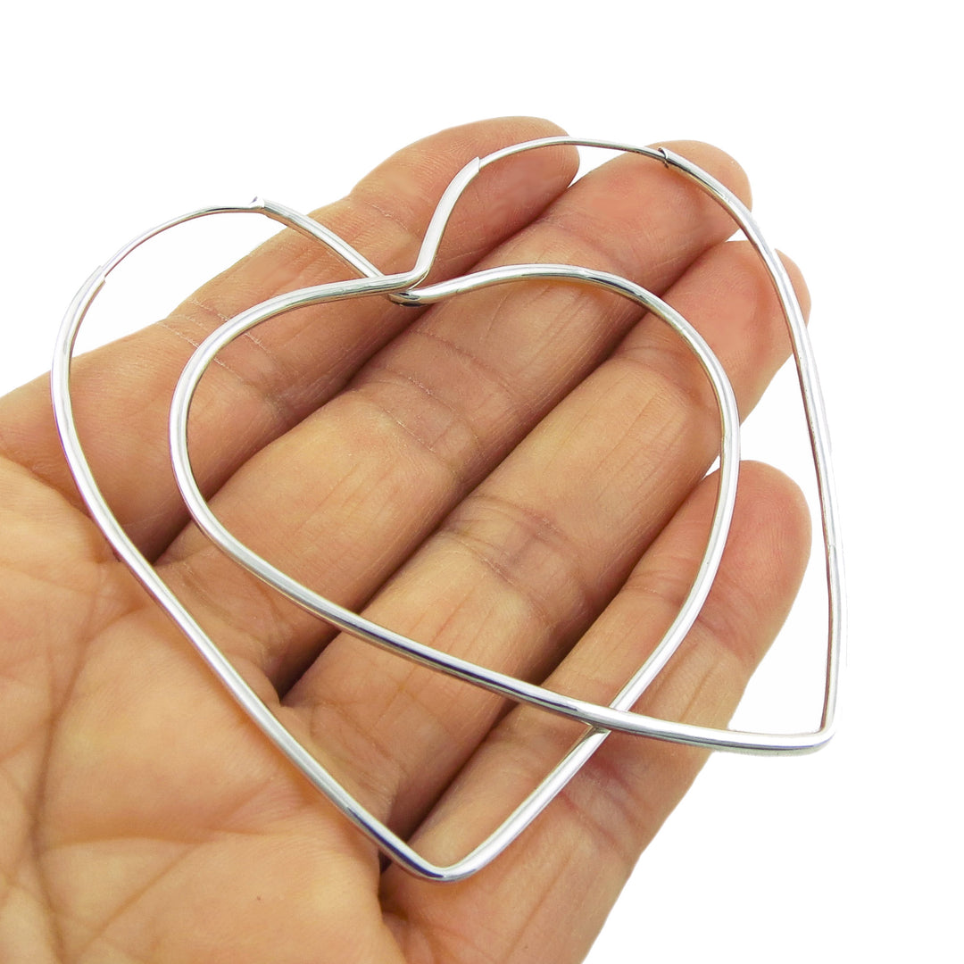 Large 925 Silver Heart Shaped Tube Hoop Earrings