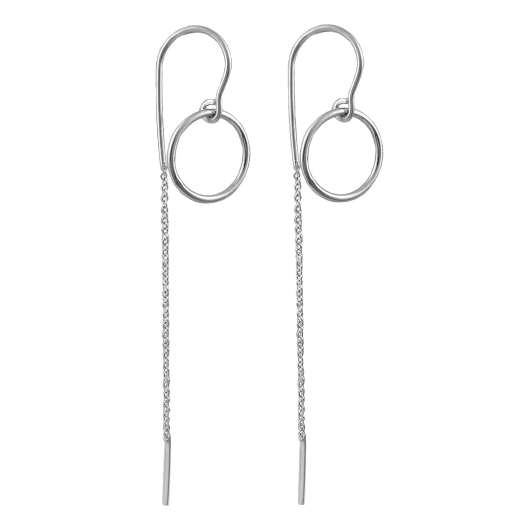 Pair of ladies 925 sterling silver hoop earrings with chain threader extensions on a white background