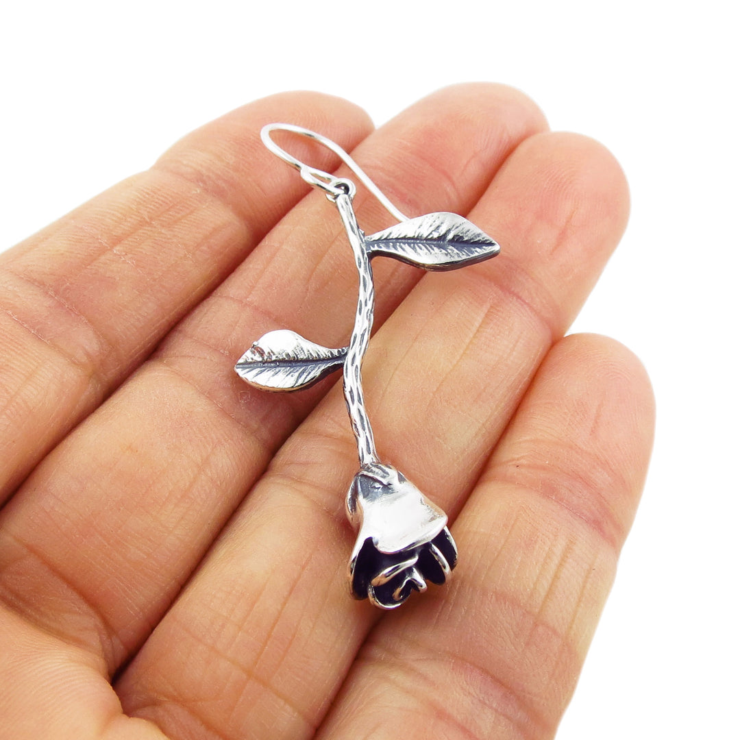 Long Rose and Stem 925 Sterling Silver Earrings