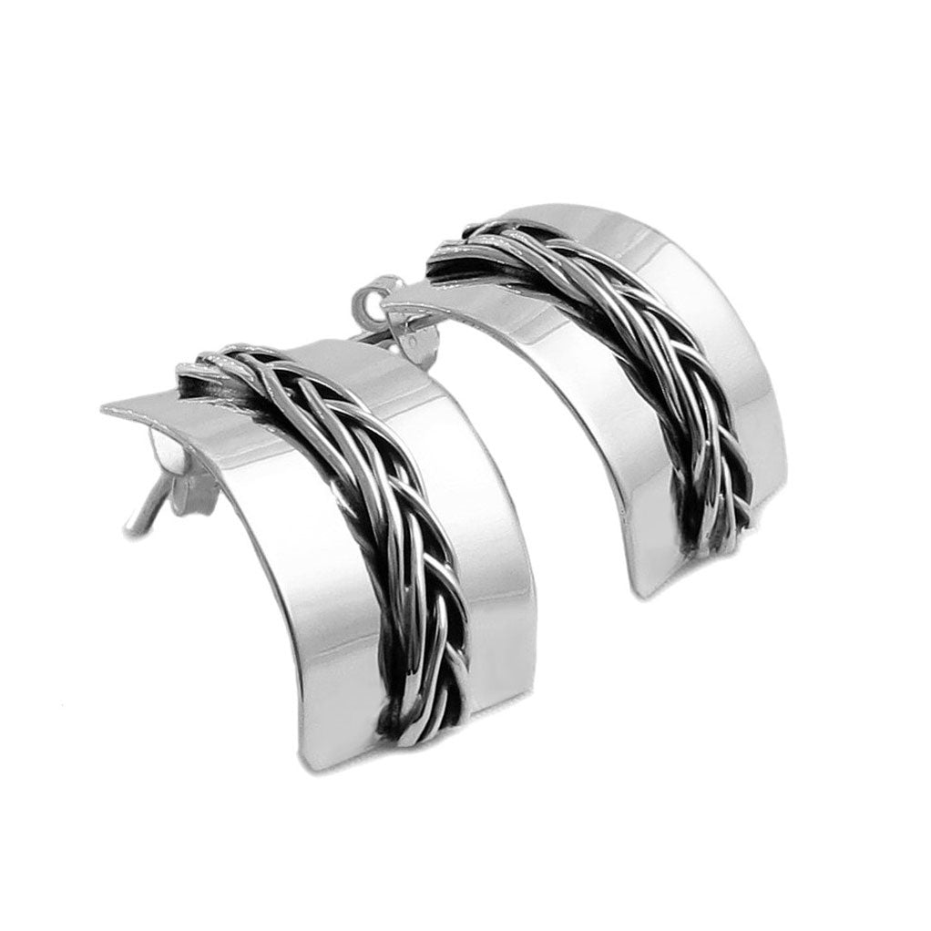 Pair of sterling 925 silver half hoop curved drop earrings for women on a white background