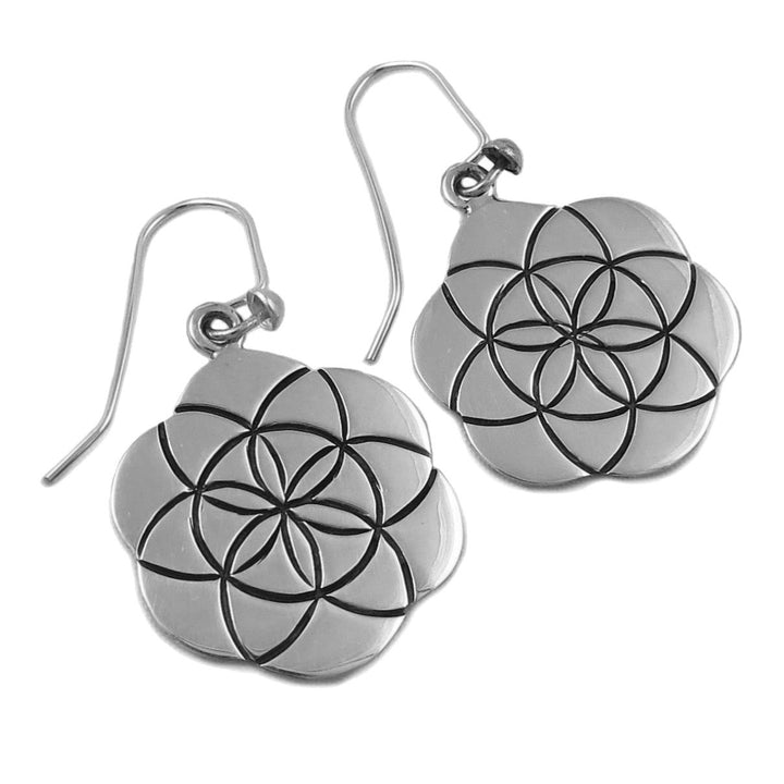 Silver earrings with black geometric designs on a white background