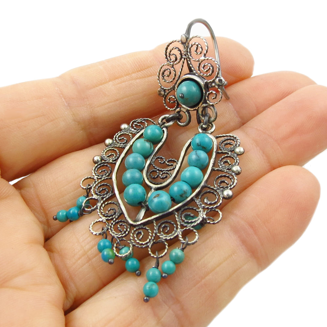 Maria Belen Sterling Silver Turquoise Bead Filigree Chandelier Earrings