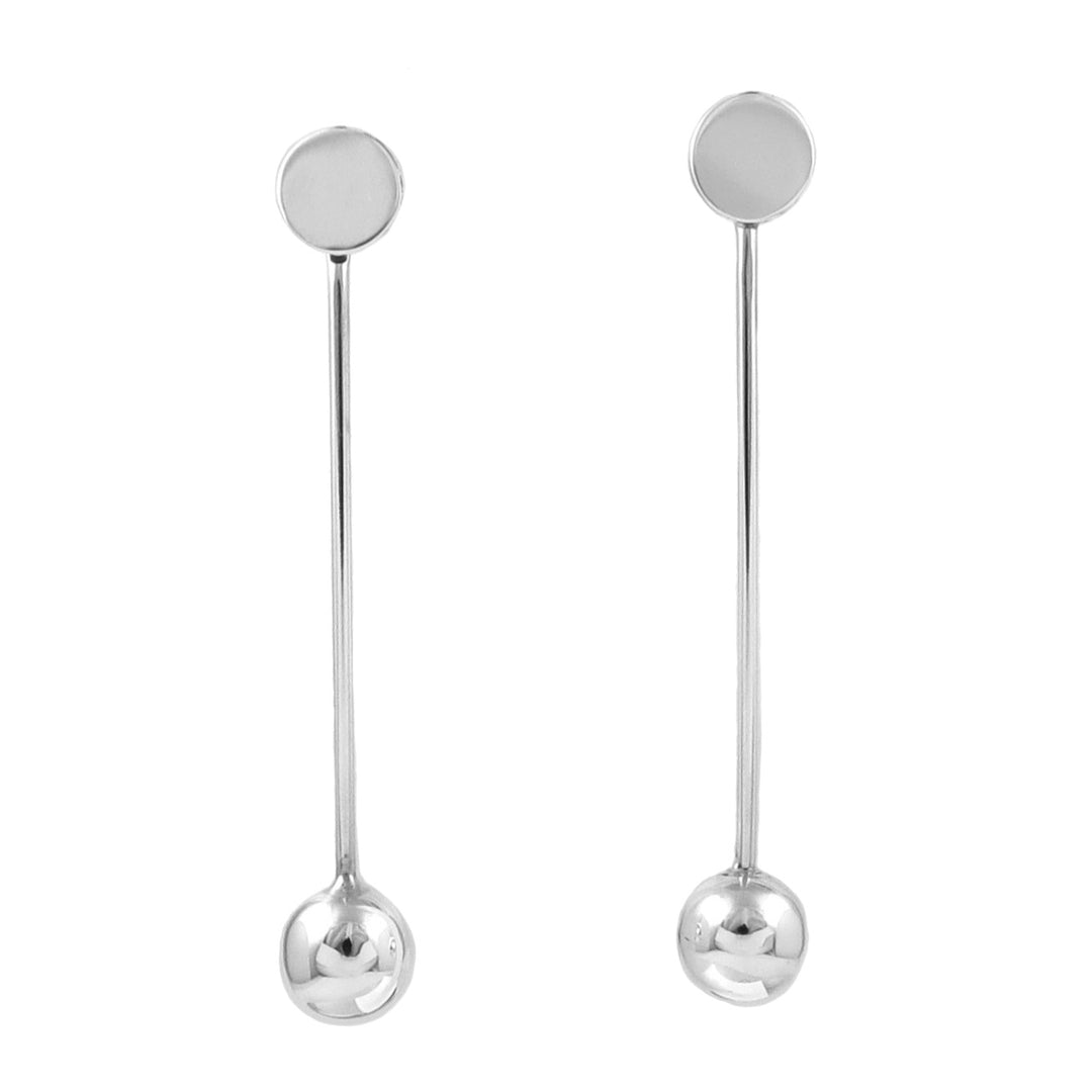 Pair of silver earrings with round tops and ball beads on a white background