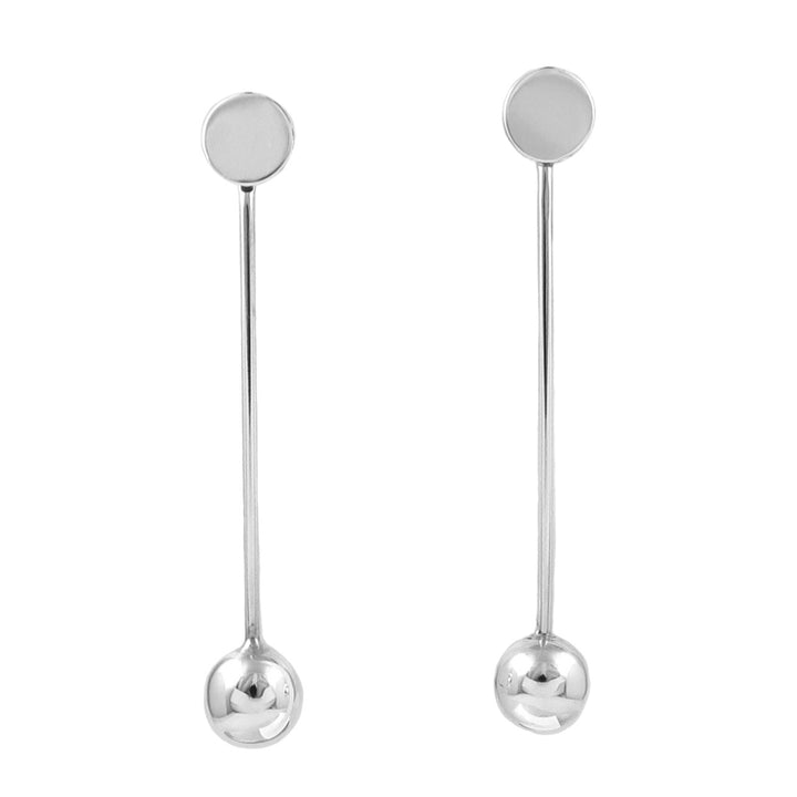 Pair of silver earrings with round tops and ball beads on a white background