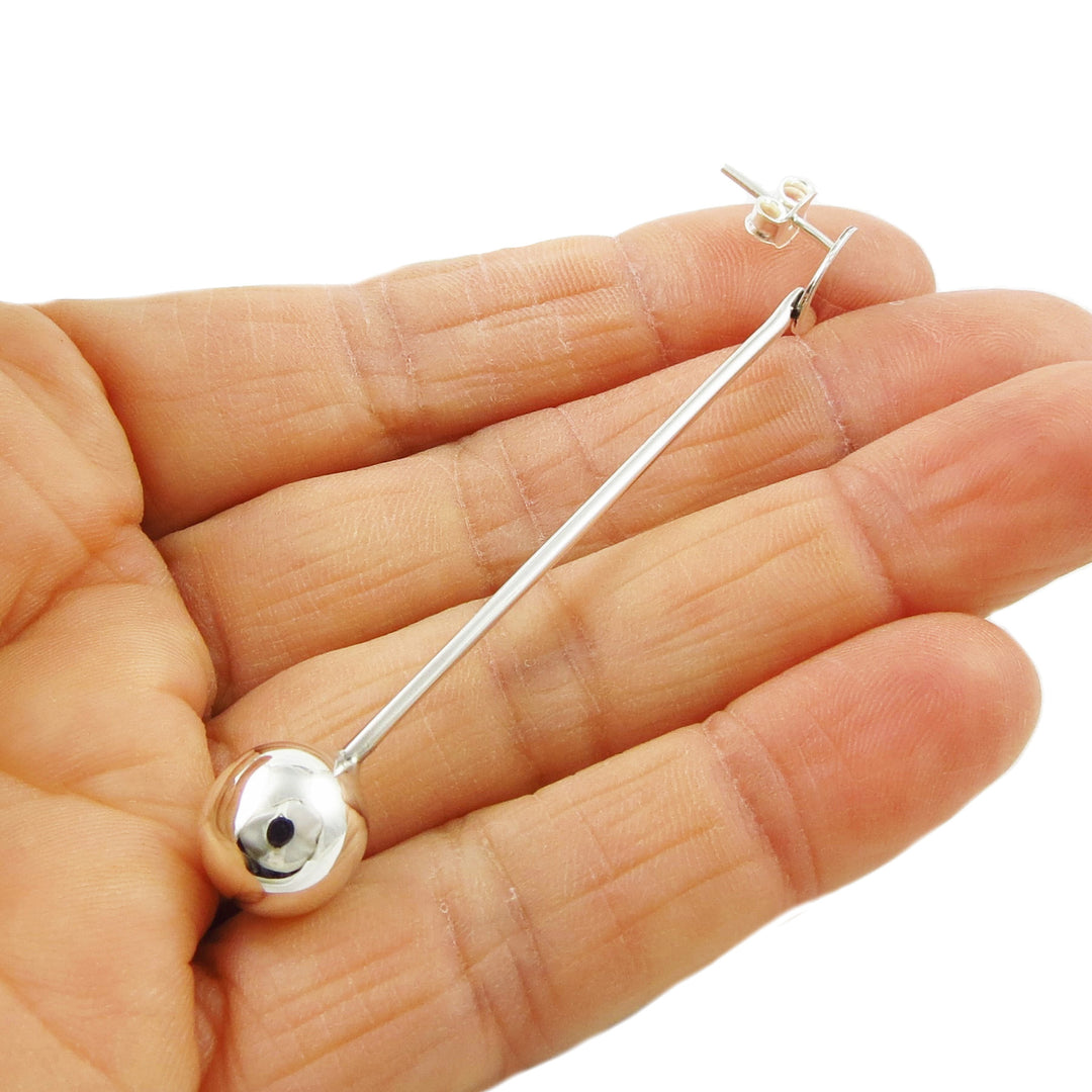 Long Stick and Ball Bead Silver Earrings