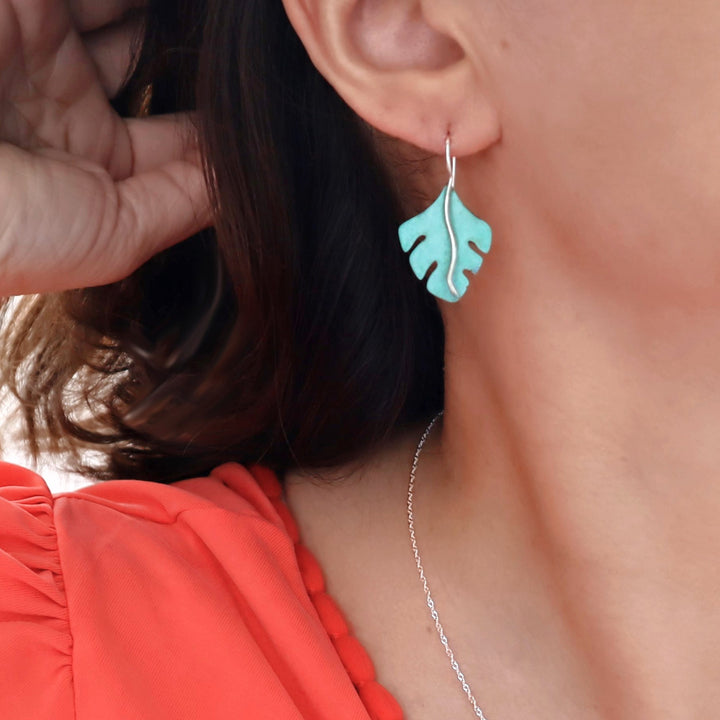 Green Copper Patina Silver Tree Leaf Earrings