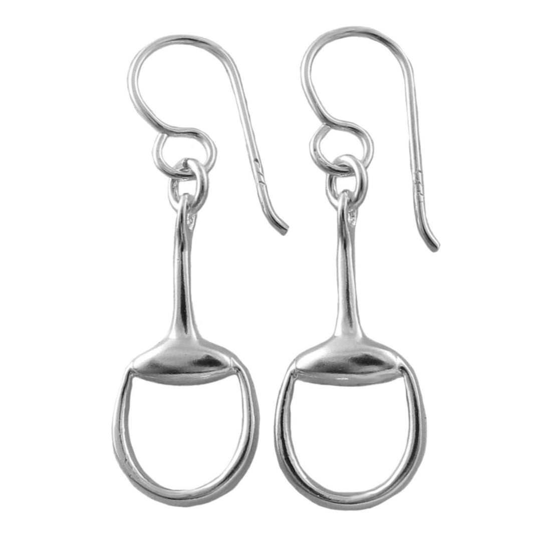 Pair of llong silver snaffle bit dangling hook earrings on a white background