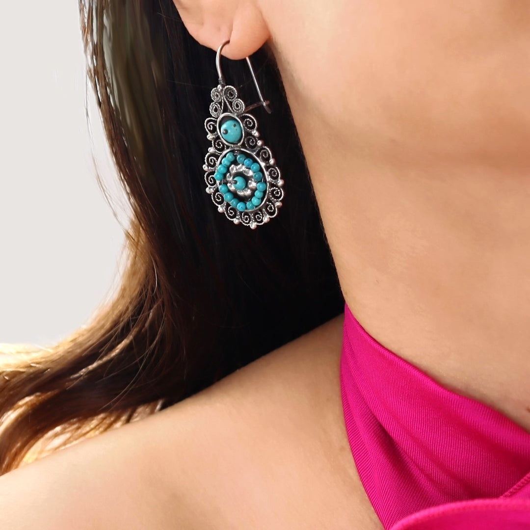 Mexican Silver Earrings with Turquoise Gemstone Beadwork