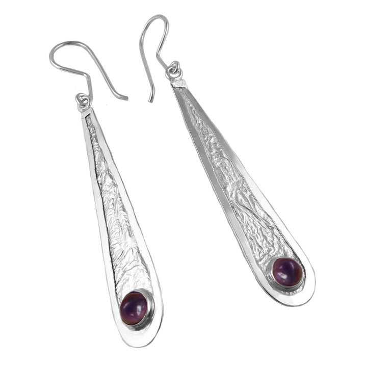 Reticulated crumpled 925 sterling silver earrings with purple amethyst gemstones on a white background