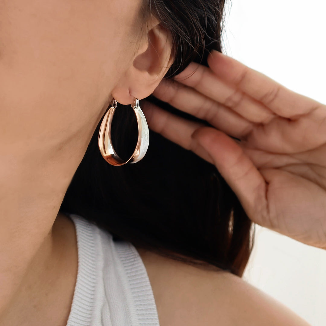 Mixed Metal Hammered Oval Hoop Earrings