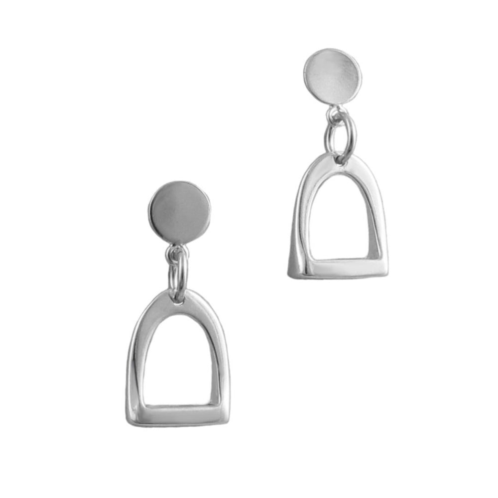 A pair of solid 925 silver drop earrings featuring a flat circular stud and a dangling open horse stirrup shaped dangling charms, shown on a plain white background.