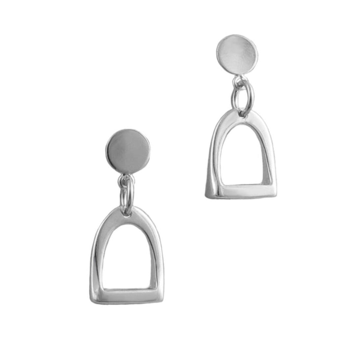 A pair of solid 925 silver drop earrings featuring a flat circular stud and a dangling open horse stirrup shaped dangling charms, shown on a plain white background.