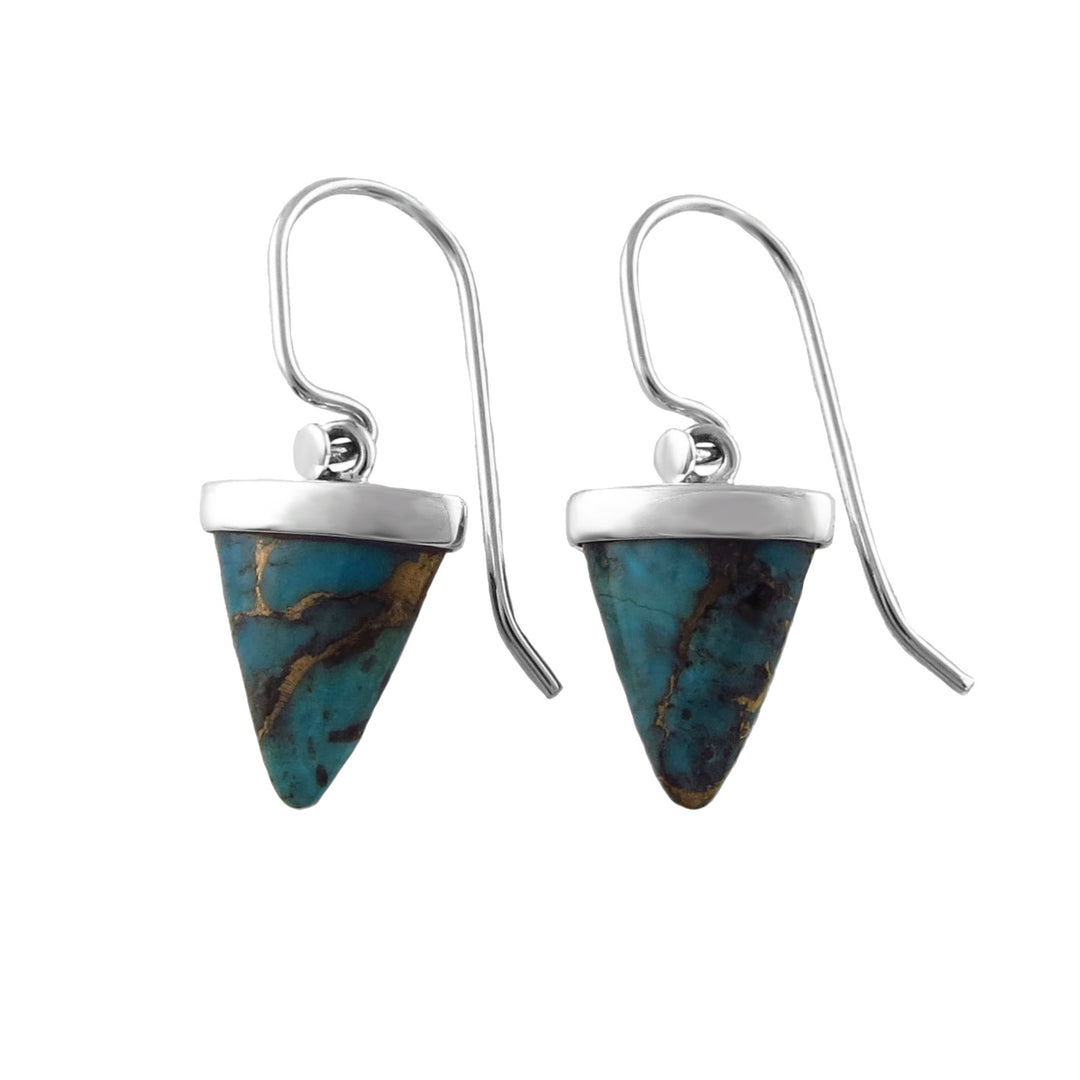 A pair of drop earrings featuring triangular turquoise stones with golden bronze veining, set in silver and suspended from silver fish hook wires, shown against a plain white background.