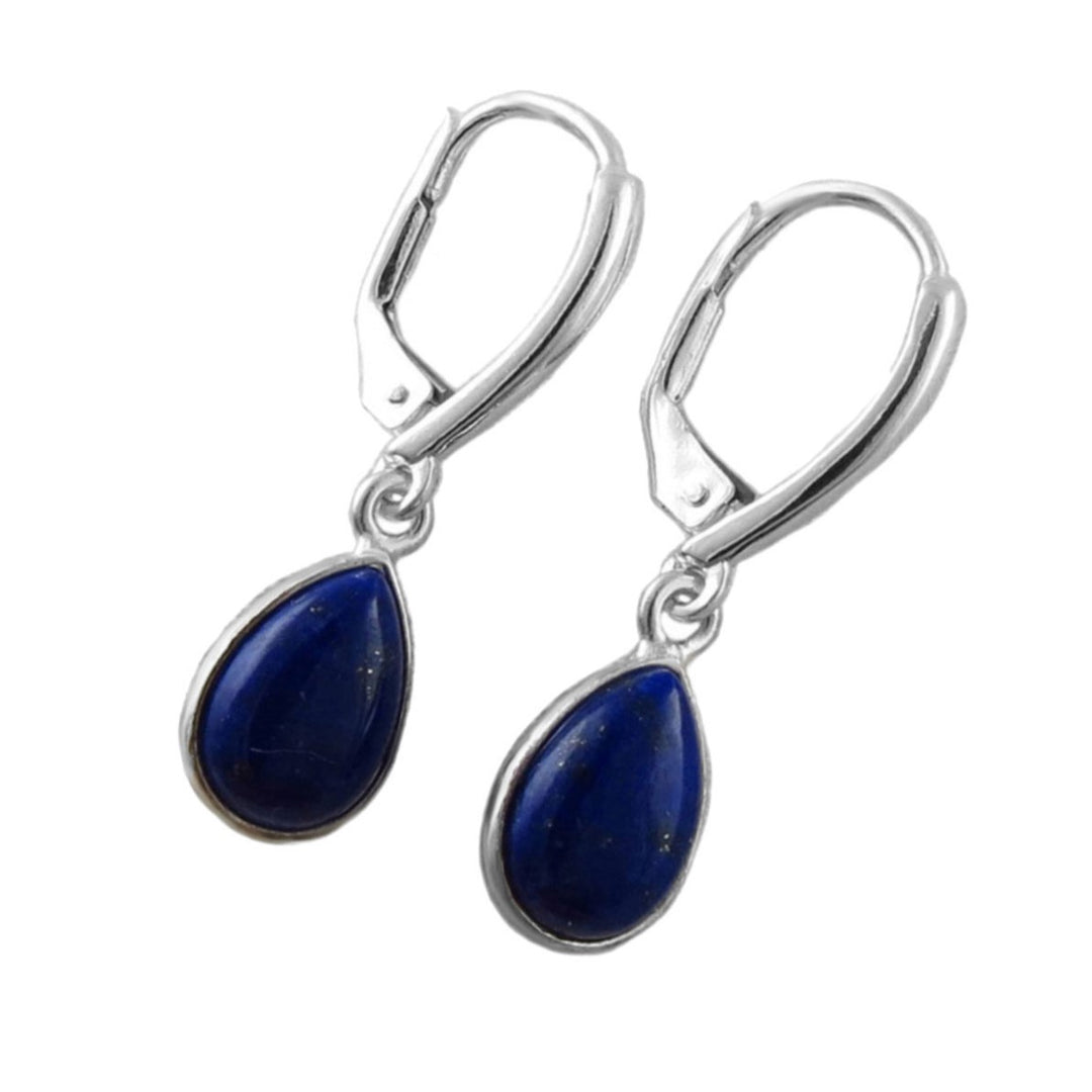 925 sterling silver and lapis lazuli earrings with lever back hooks on a white background. 